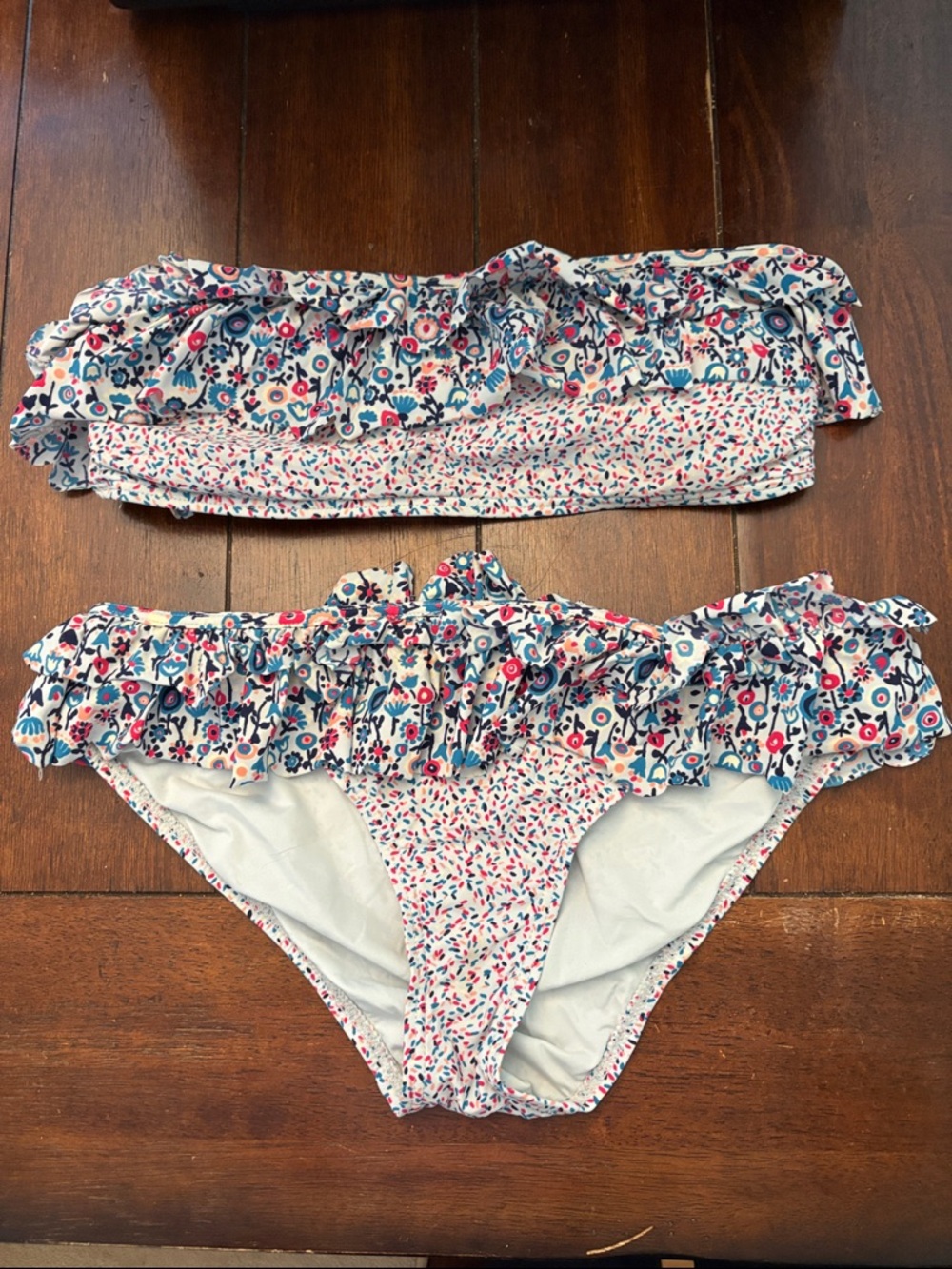 Marc by Marc Jacobs Floral Ruffle Bandeau Bikini in White, Blue, Pink